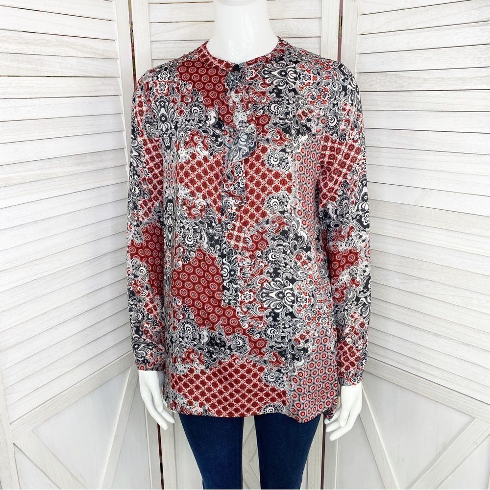 Ellen Tracy Multi Print Ruffle Front Blouse Small Red Black 3/4 Button